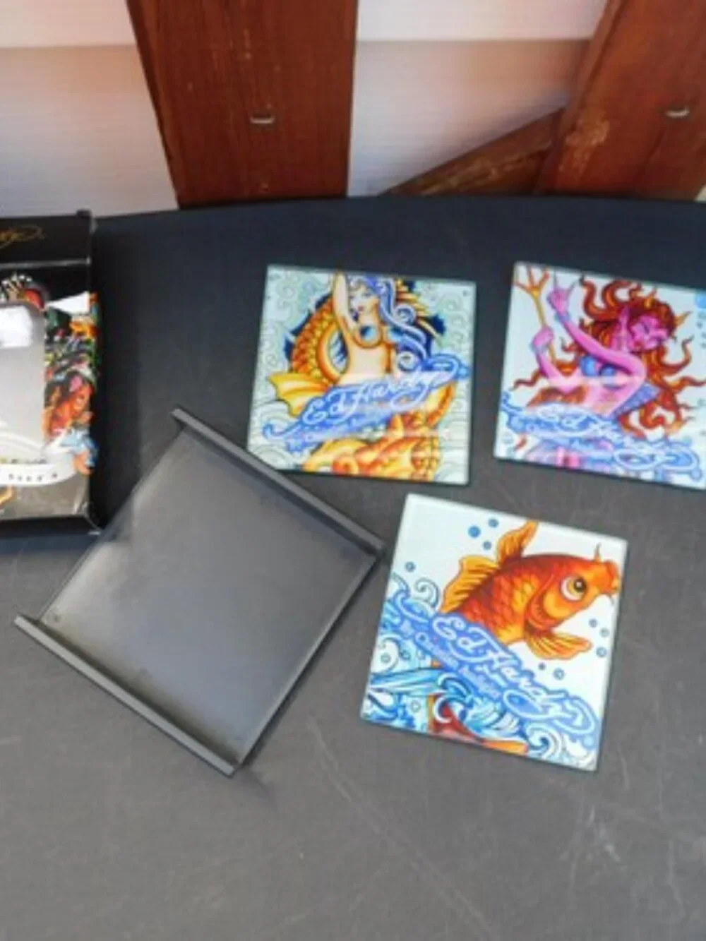 Set of 4 Ed Hardy By Christian Audigier Glass Coasters 4x 4” Koi Fish Mermaid